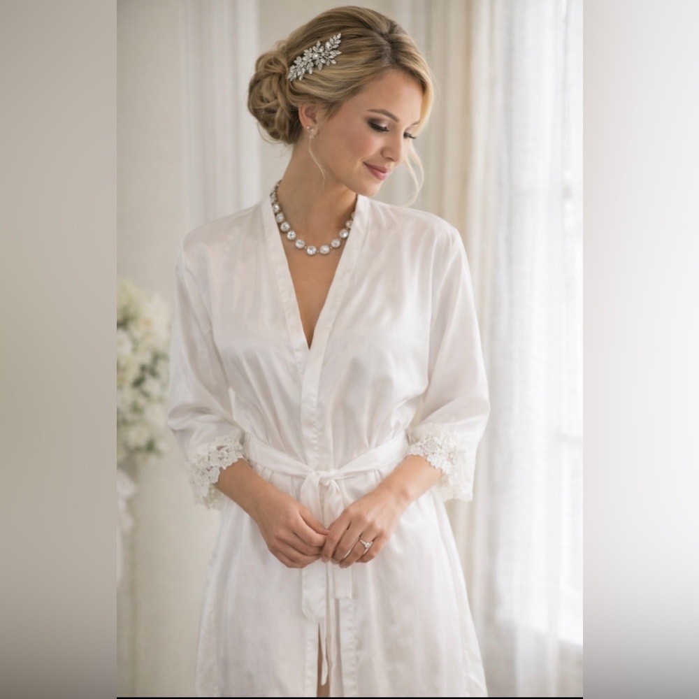 JONES NEW YORK White Bridal Robe Size L/XL Lacy Cuffs Below the Knee